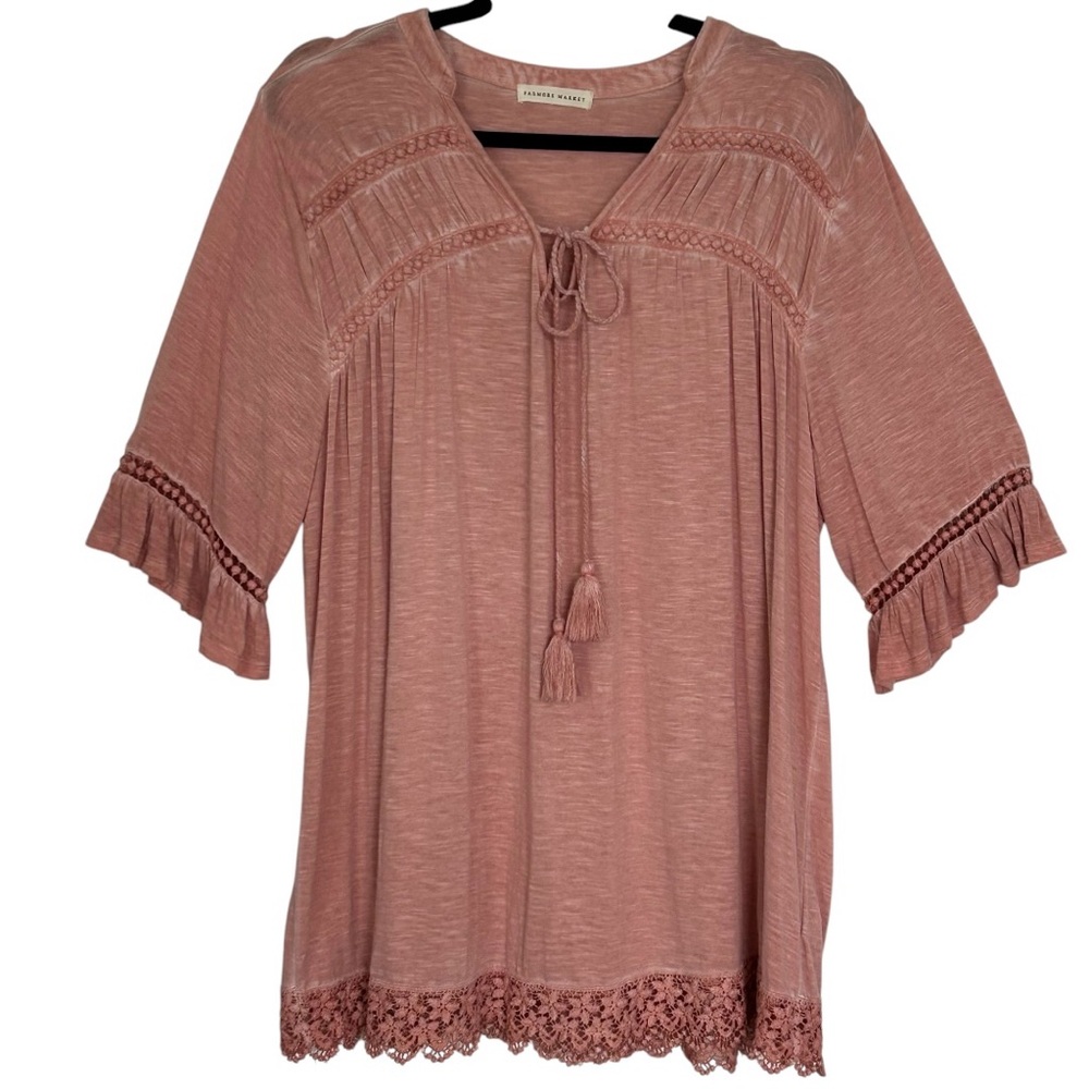 FARMERS MARKET Women Boho Tunic‎ Top Coral Embroidered Lace Tassel Distressed